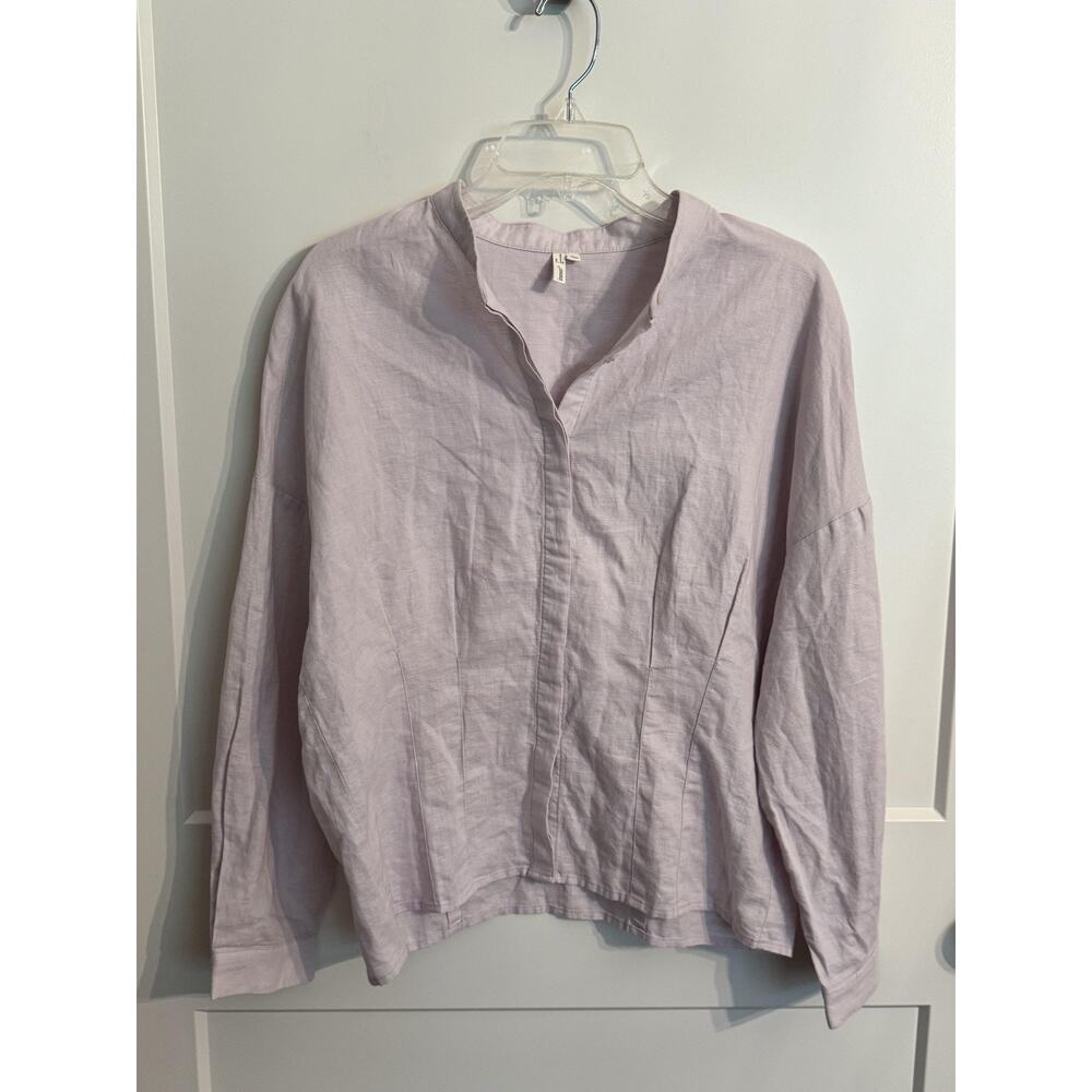 Inman Blouse Sz L Purple Flax Cotton Button Front Mandarin Collar Long Sleeve